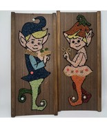 2 Kitsch Vintage Pixie Elf Boy Girl Gravel Art Framed Wall Decor 17&quot; Boh... - $104.42 CAD
