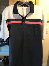 Ben Hogan Men’s M Navy Blue Salmon White SS 1/4 Button Cotton Poly Polo Shirt - £15.16 GBP