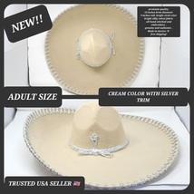 adults plain cream color with silver  mexican charro sombrero MARIACHI HAT  - £78.68 GBP