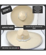 adults plain cream color with silver  mexican charro sombrero MARIACHI HAT  - £78.63 GBP