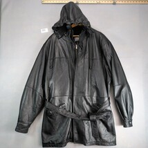 Wilsons Long Black Leather Coat Men&#39;s 2XLT Thinsulate Removable Hood Bel... - $65.00
