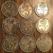 1911 To 1919 Set Of 9 Uk Gb Great Britain Silver Threepence Coins - £28.43 GBP