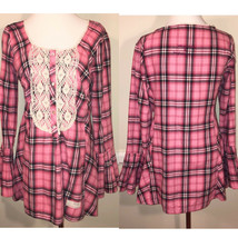 Odd Molly Pink Plaid Henley Style Long Lace Trim Cotton Top Size M Light... - $24.99