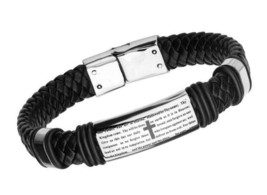 Black Braided Genuine Leather Lord&#39;s Prayer Stainless | - $109.81