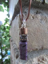 Charoite, wood , silver plated wire wrap pendant. Handmade. - £17.18 GBP