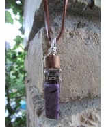 Charoite, wood , silver plated wire wrap pendant. Handmade. - £17.46 GBP