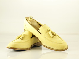 Handmade Men&#39;s Beige Suede Round Toe Tassel Dress Loafers, Men Designer Shoes - £114.66 GBP