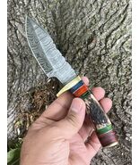 CUSTOM MADE  DAMASCUS STEEL FIXED BLADE SKINNING KNIFE STAG ANTLER HANDLE - $23.72