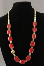 MODERN Liz Claiborne Jewelry Brass &amp; Ruby Red Glass Chunky 32&quot; Beaded Necklace - £13.99 GBP