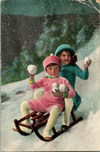 Vtg Postcard 1910 Christmas Children Riding Downhill on Sled Throwning Snowballs - £17.13 GBP