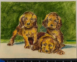 Vintage Pastel Drawing on Paper Mid Century Three Puppy Dogs tob - £59.15 GBP