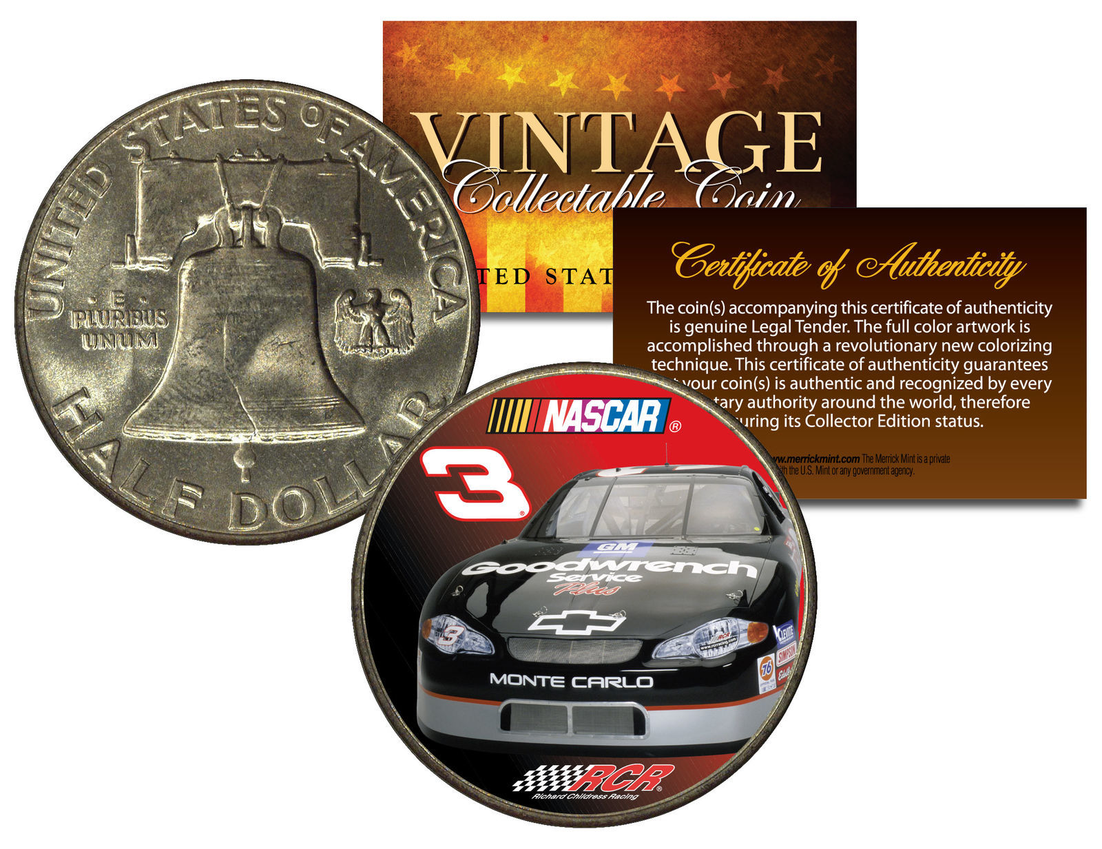 DALE EARNHARDT * #3 NASCAR * Colorized 1951 Franklin Silver Half Dollar US Coin - £24.23 GBP