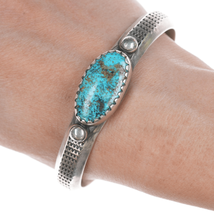 7.25&quot; Vintage Navajo Heavy stamped silver cuff bracelet with turquoise - $683.10