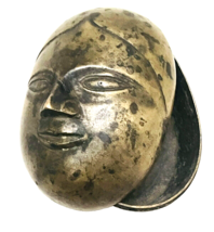 Antique Original Brass Hindu Goddess Gauri Head Statue Engraved Round Box 4x3-in - £79.53 GBP