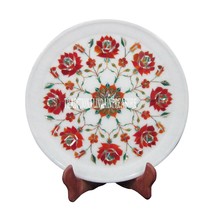 12&quot; Marble Round Serving Plate Carnelian Floral Marquetry Inlay Christma... - £404.98 GBP