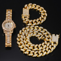 Hip Hop Men&#39;s Bracelet Necklace Watch Three Piece Set Vintage Hundred  - £7.78 GBP