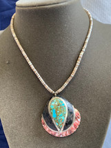 Sterling Silver Native Necklace Crushed Turquoise Seashell Semi Precious Stones - £101.17 GBP
