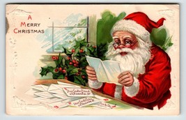 Santa Claus Christmas Postcard Reading Glasses Reads Mail Letters Embossed 1916 - £11.20 GBP