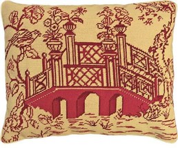 Throw Pillow Chinoiserie Asian Bridge 16x20 20x16 Red Down Insert Wool Cotton - £239.00 GBP