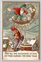 New Year Greetings Gnomes Gold Crescent Moon Money Bags Emb 1908 Postcard P21 - $14.95