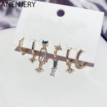 ANENJERY Silver Color Star Hoop Earrings Set For Women Blue Zircon Romantic Jewe - £12.35 GBP