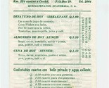 Hotel Del Campo Breakfast Lunch Dinner Menu &amp; Bar List Quetzaltenango Gu... - £17.40 GBP