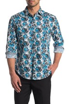 NWT ROBERT GRAHAM shirt LG blue contrast cuffs abstract design men&#39;s - £94.02 GBP