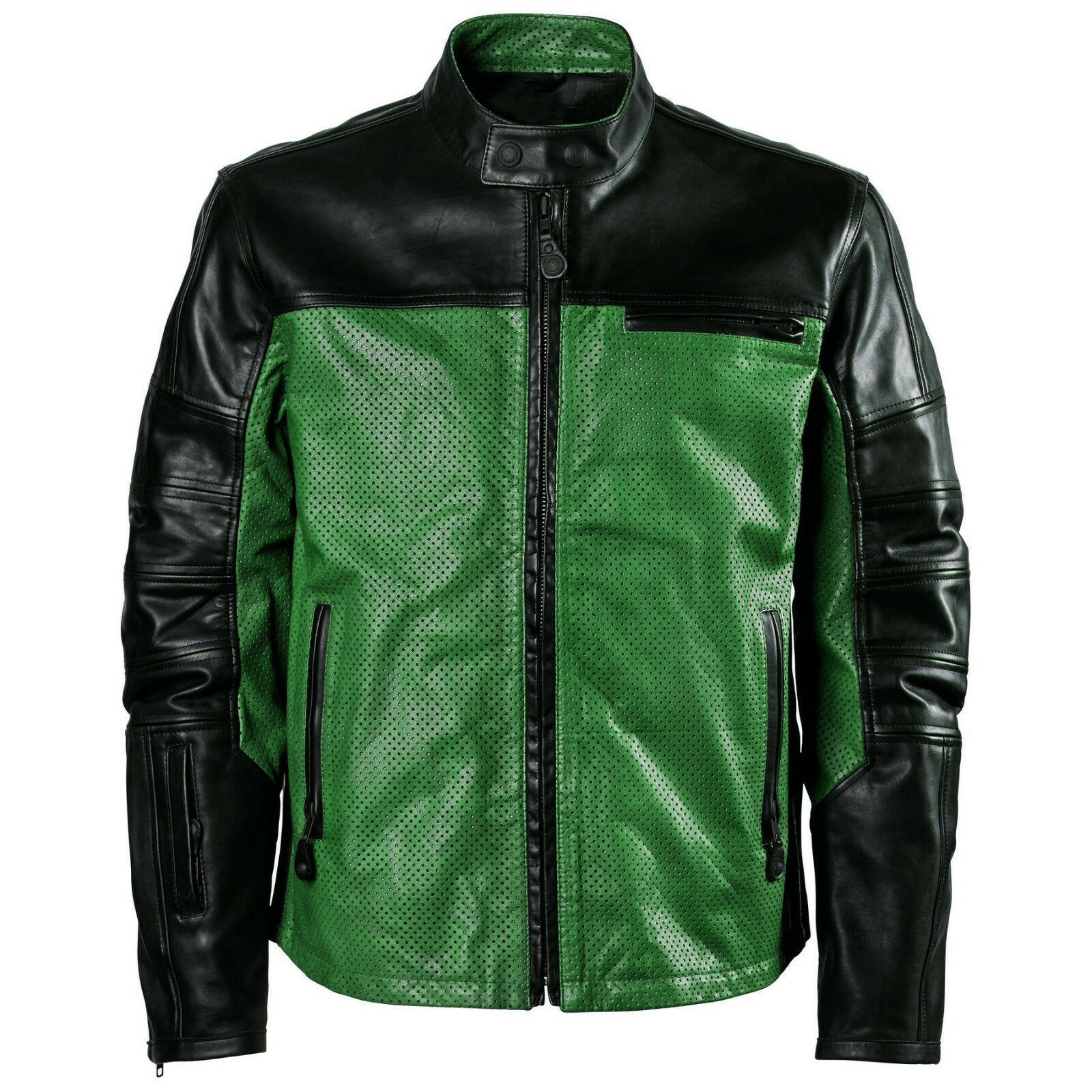 Perforated Men Black Green Cont Motorbike Genuine Real Leather Safety Pad jacket