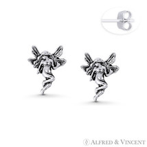 Winged Pixie Fairy Nymph Charm Rustic-Finish .925 Sterling Silver Stud Earrings - £14.65 GBP
