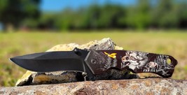Folding Pocket Knife Golden 5&quot; Drop Point Country Mountain Wolf Spring A... - £7.76 GBP