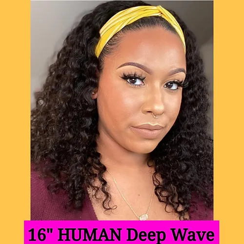 16&quot; Black HUMAN Deep Wave Headband Wig - £158.07 GBP