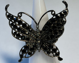 Jewelry Ring Black Silver tone Butterfly Black Rhinestone Clear Body Size 6.5-10 - £13.23 GBP