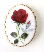 Vintage Transferware Red Rose On Porcelain Pin Brooch Goldtone - £10.22 GBP