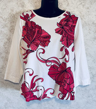 Chico&#39;s Size 2 Embellished Floral Red Sequins Embroidered Pull Over 3/4 Sleeve - £17.95 GBP