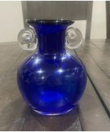 West Virginia Glass Specialty Vase Cobalt Blue Applied Clear Handles Vtg - $49.49