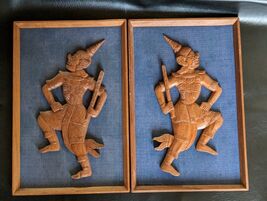 Set of 2 MCM Carved Wood Asian Prince Rama Blue Mounted Wall Art 18 x 12... - $188.09