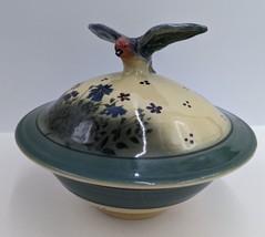 Aldrich Valley Pottery Blue Bird Finial Floral Lidded Bowl Signed - $71.99