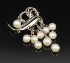 925 Silver - Vintage Curved Abstract Freshwater Pearl Dangle Brooch Pin ... - $83.09