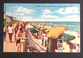 Boardwalk Beach Scene Virginia Umbrella Sunbathers Linen Vtg Postcard c1940s - £6.30 GBP