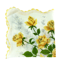 Vintage Fine Lawn Ladies Handkerchief Spray of Yellow Roses Scallop Edge - £10.06 GBP