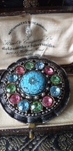 VINTAGE 1960-s Large Silver Pewter Red/Green/Turquoise Rhinestone &amp; Glass BROOCH - £27.78 GBP