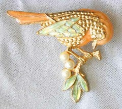 Elegant Enamel &amp; Faux Pearl Gold-tone Bird Brooch 1980s vintage 2 1/4&quot; - £11.35 GBP