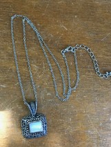 Estate Dainty Silvertone Chain with Ornate Rectangular &amp; White Moon Glow Cab Pen - £9.07 GBP