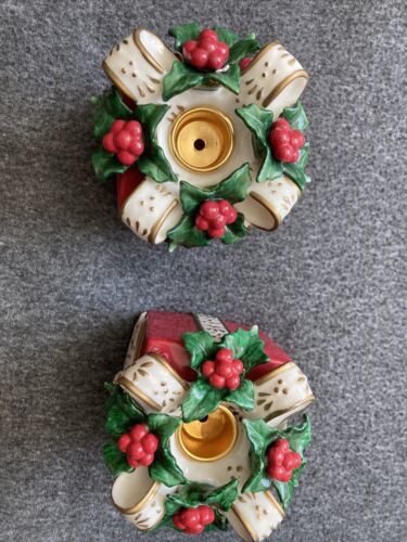 Vintage Avon Set of Two Christmas Gift Box Porcelain Taper Candle Holders 2001