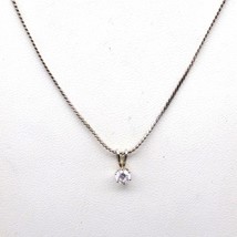 Vintage CZ Solitaire Classic Pendant Necklace on Delicate Silver Tone Chain - £25.52 GBP