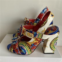 Exotic Summer 2021 Printed Color Sandals Women Ankle Strap Sexy Open Toe Square  - £86.27 GBP