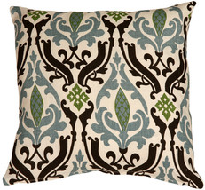 Linen Damask Print Blue Brown 16x16 Throw Pillow, Complete with Pillow Insert - £37.72 GBP