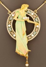 Art Nouveau 18k Gold Plique-a-Jour Enamel, Pearl, and Diamond Brooch Pendant - $12,386.77