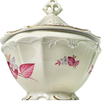 Antique Covered Soup Bowl Porcelain White W Purple Pink Leaves Flowers E... - £23.48 GBP