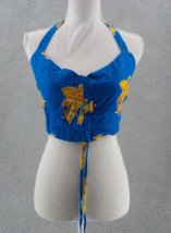 Hibiscus Collection Halter Crop Top Blouse Blue w Yellow Hibiscus Ruche NWOTWD - £7.86 GBP